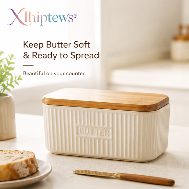 Xlhiptews™ Ribbed Ceramic Butter Keeper with Bamboo Lid