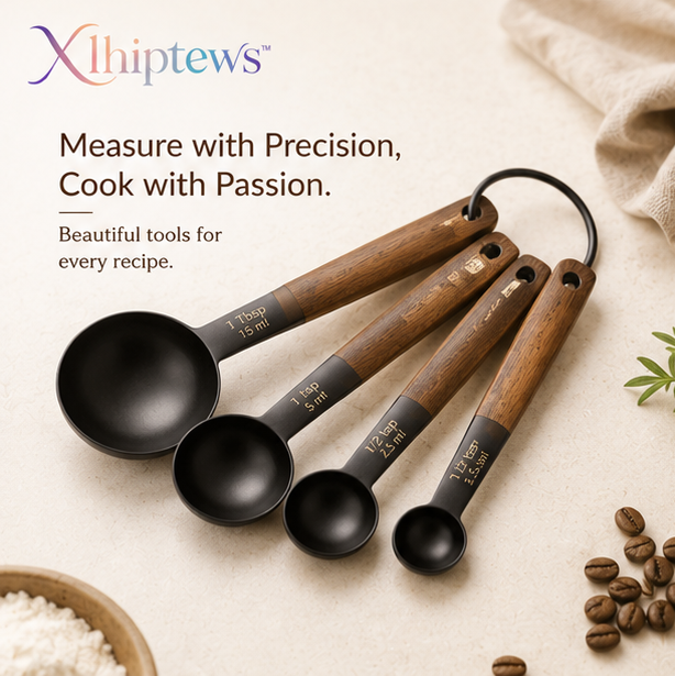 Xlhiptews™ Matte Black Measuring Spoon Set with Walnut Handle