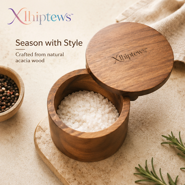 Xlhiptews™ Acacia Wood Salt Cellar with Swivel Magnetic Lid