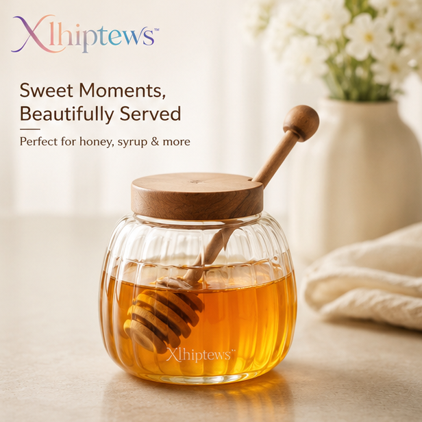 Xlhiptews™ Minimalist Glass Honey Jar with Wooden Dipper